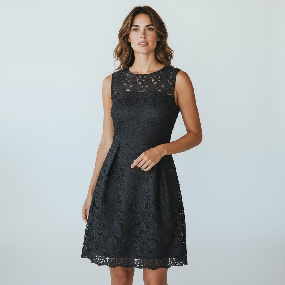 White House Black Market Blk Sleeveless Embroidery Lace Jacquard Dress Womens 14